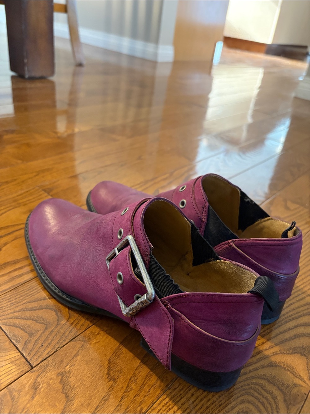 John Fluevog Magenta Leather Buckle Flats